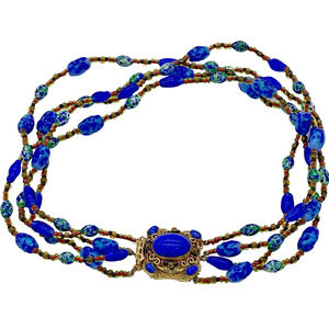 VTG Hattie Carnegie Blue Glass Beads Cabochon Center Necklace Choker Signed Rare